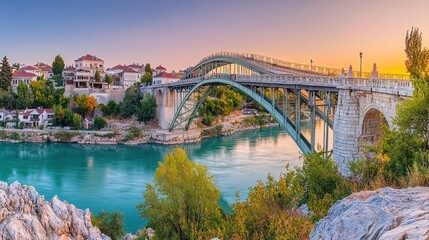 Obraz premium Panoramic view of a historical bridge over a turquoise river.