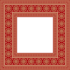 Vector square gold with red ancient Russian ornament. Slavic rectangle, border, frame. Painting of the royal chambers.
