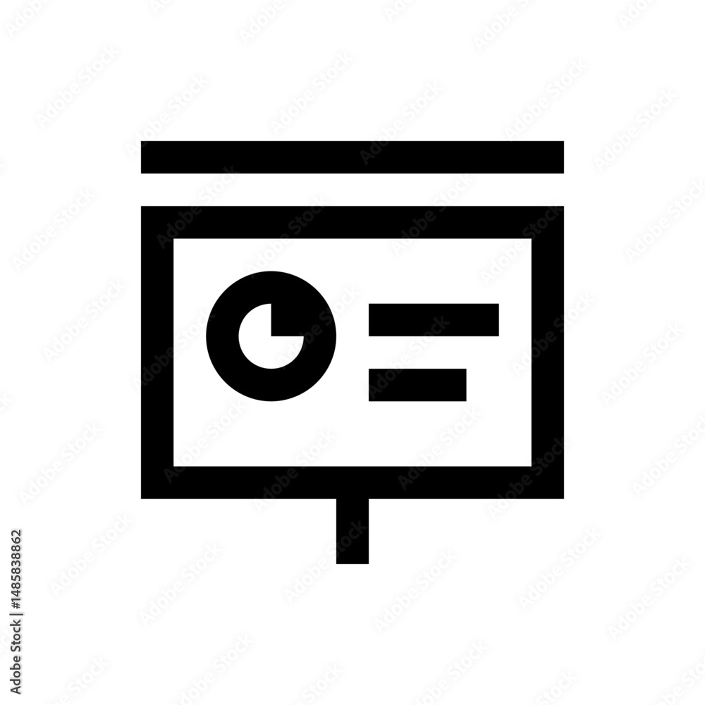Poster presentation board with pie chart and horizontal bars in black outline on a white background display