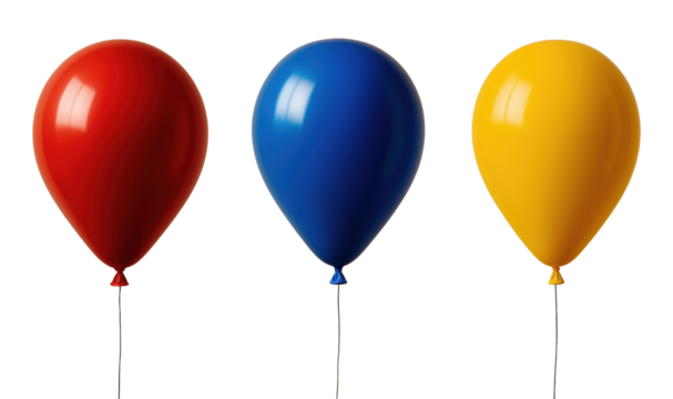 Three Glossy Helium Balloons in Vibrant Red, Blue, and Yellow Floating with Strings, Perfect for Party and Celebration Themes, Isolated on Transparent and White Background