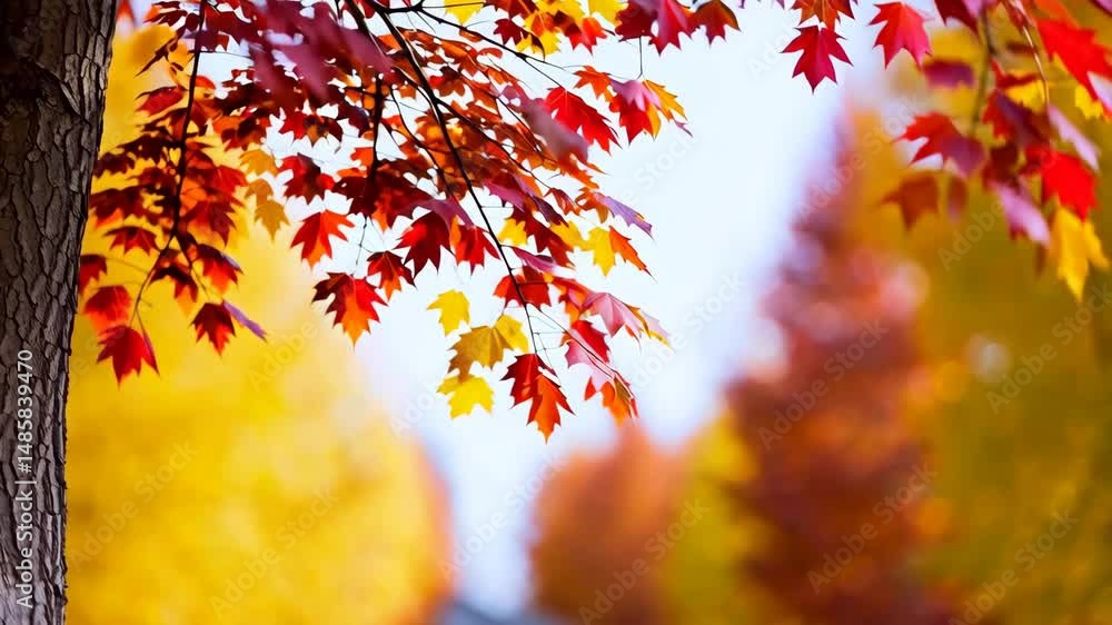 Poster vibrant autumn leaves in warm colors on branches with bokeh effect against a tree trunk on a sunny f