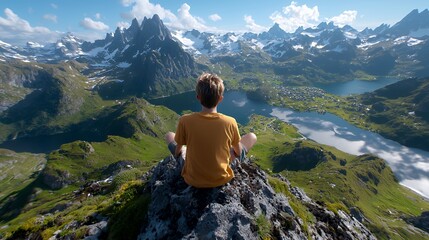 Naklejka premium Boy Sitting Overlooking Mountains and Lake