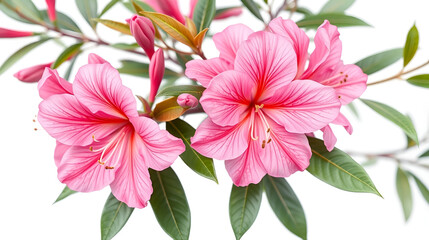 Obraz premium Azaleas flowers with leaves, Pink flowers isolated on white background with clipping path