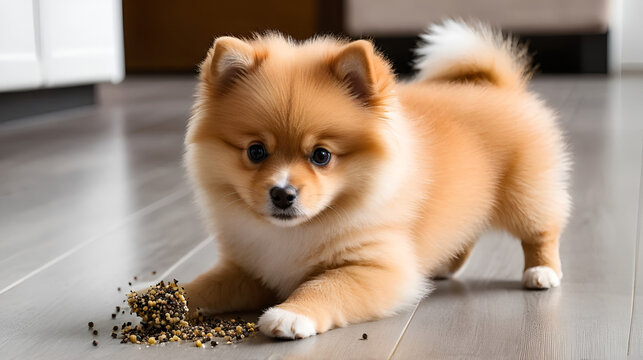 Adorable Pomeranian Puppy Playing with Spilled Vanilla Bean Pod on Floor