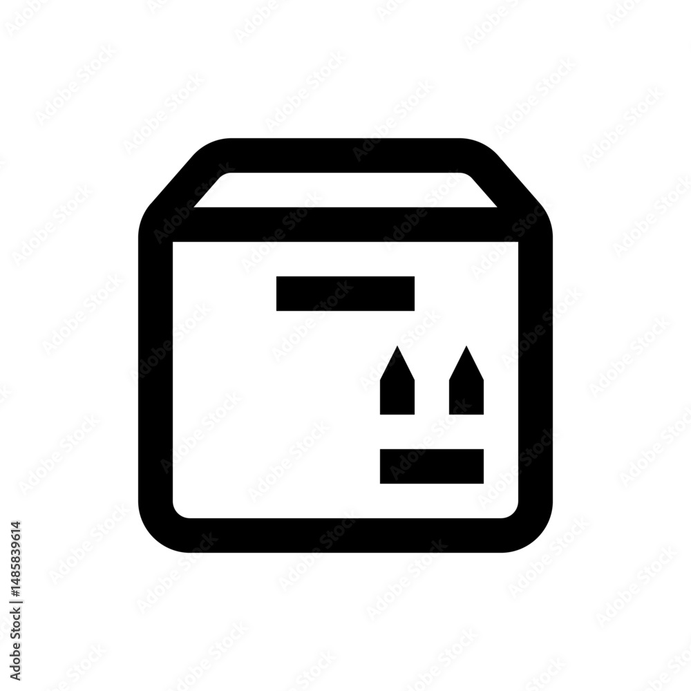 Poster illustration of a closed cardboard box with symbols indicating fragile contents and handling instruc
