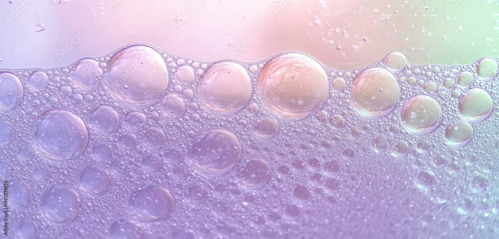 Poster close-up of translucent bubbles floating on a purple liquid surface with soft pastel lighting creati