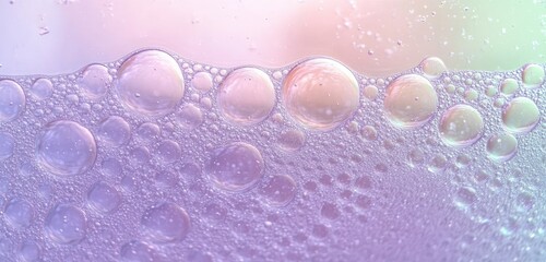 Close-up of translucent bubbles floating on a purple liquid surface with soft pastel lighting creating a calm and delicate atmosphere