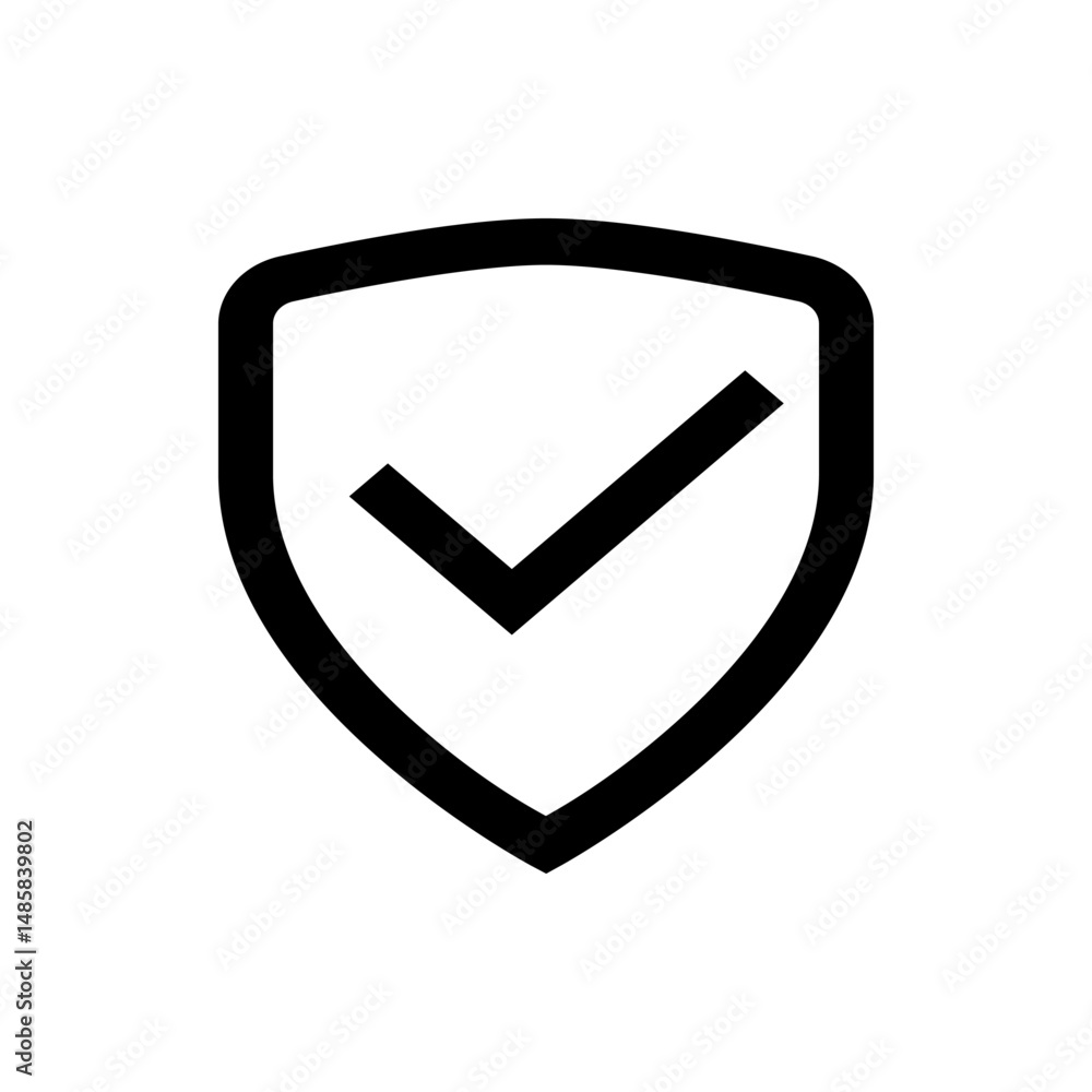 Poster illustration of a black outline shield with a checkmark inside representing security and validation 