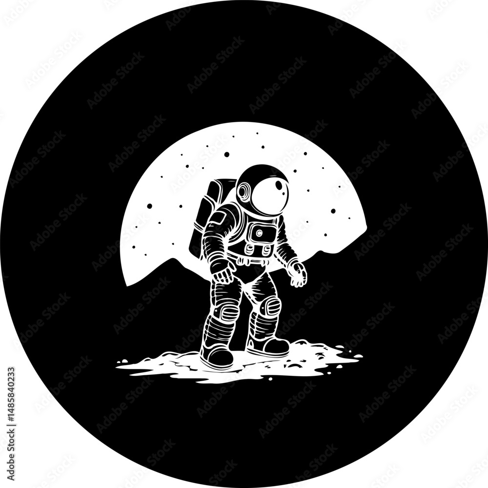 Poster monochromatic depiction of an astronaut traversing a celestial landscape with mountains