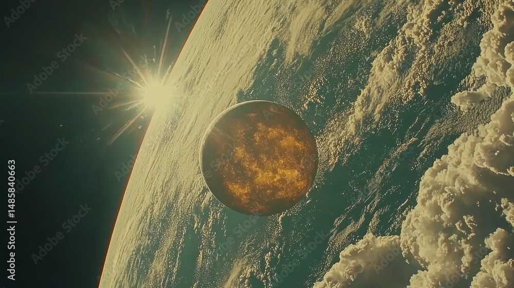 Poster a stylized view of a fiery planet from space.
