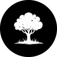 Monochrome arboreal silhouette set against a solid black spherical canvas
