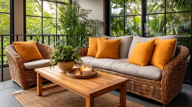Wicker furniture complements the green garden