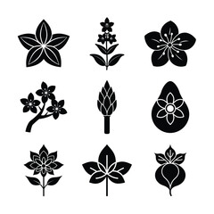 Collection of Black Silhouette Flower and Plant Icons Featuring Blossoms, Leaves, Avocado, and Floral Elements in Minimalist Style for Botanical and Nature Illustrations