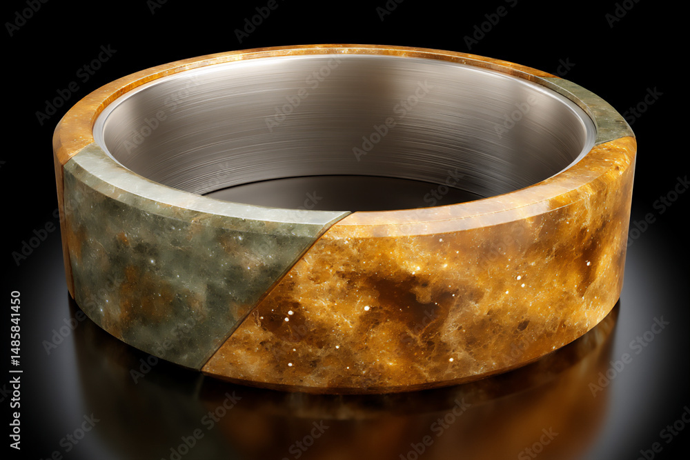 Poster a 3d rendering of a glowing metallic ring set against a dark space background