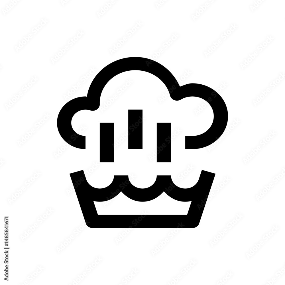 Poster icon depicting a cloud with vertical lines above wavy lines in a rectangular container outline desig