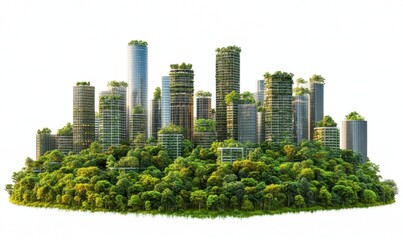 Fototapeta premium Eco-city skyline, green buildings, sustainable future, lush forest island, environmental concept