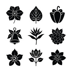 Silhouette Flower, Leaf, and Fruit Icons Featuring Bell Flowers, Peppers, and More for Creative Design