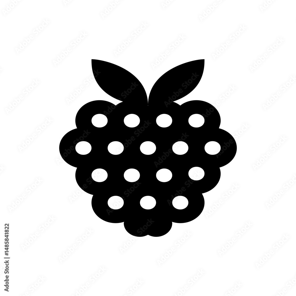 Aufkleber illustration of a black raspberry with white dots and leaves on top in a simple vector graphic style