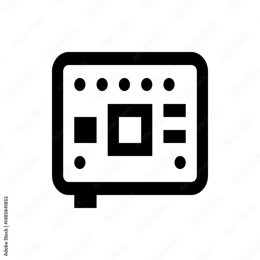Poster illustration of a black and white circuit board with multiple components and a rectangular outline s