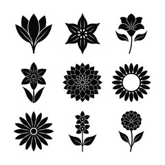 Silhouette Flower Icons, Featuring Sunflowers, Lilies, and Lotus Designs
