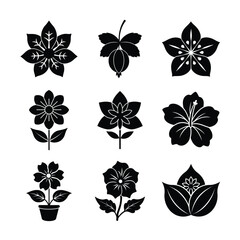 Collection of  Beautiful Black Silhouette Flower Icons, Including Blossoms, Leaves, and Potted Plants for Creative Design