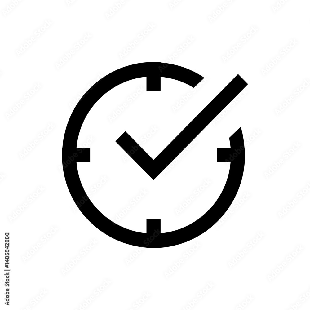 Poster clock icon with check mark overlay representing time management and task completion in black and whi