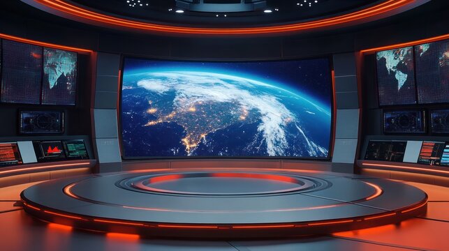 Futuristic control room with a large curved screen displaying Earth from space, surrounded by multiple smaller digital monitors and ambient red lighting