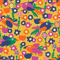 Tropical Rain Forest colourful Birds Flowers bold retro yellow girls jungle vibrant yellow orange
