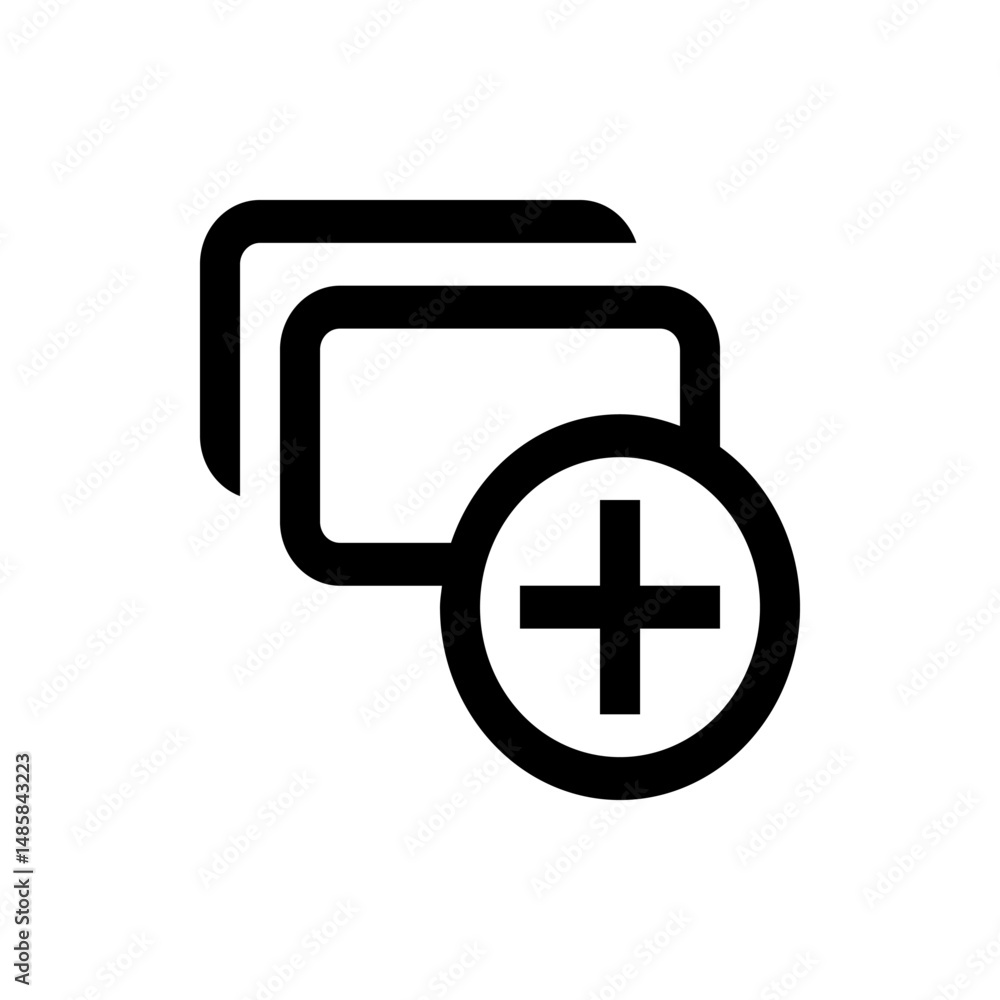 Poster illustration of stacked rectangles with rounded corners and a plus sign in a circle overlaying them
