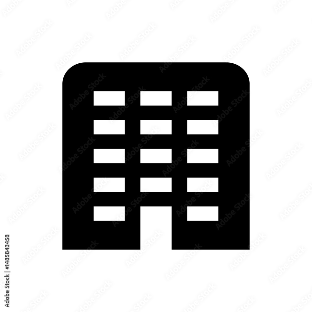 Poster illustration of a black building with multiple windows and a door on a white background view simple