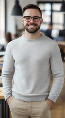Confident Professional Man in Sweater & Glasses Smiling in Modern Office – Corporate Diversity, Workplace Positivity & Leadership Concept (Business Casual Attire, Warm Expression)
