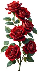 A cluster of vibrant red roses with green leaves, standing out against a white background. 