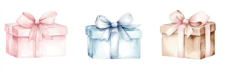 Obraz premium Three pastel-colored gift boxes with ribbons (2)