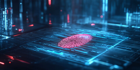 Digital fingerprint scan on futuristic interface, Biometric security technology, Cybersecurity fingerprint authentication
