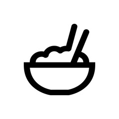A bowl of food with chopsticks sticking out of it in a simple black and white line drawing style icon image
