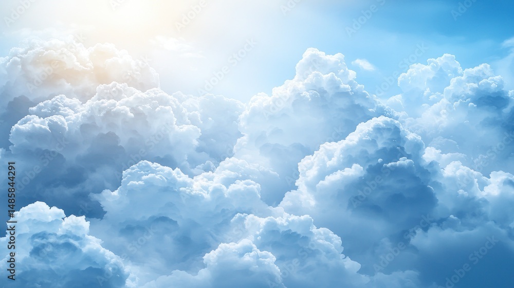 Poster high-altitude view of fluffy clouds illuminated by sunlight.