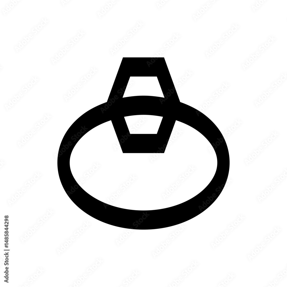 Poster illustration of a ring with a hexagonal gem centered on the band in a simple black and white design 