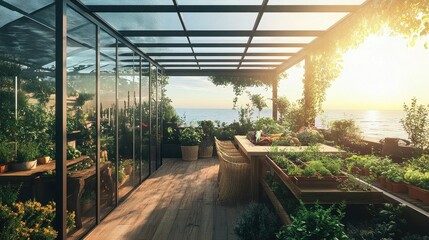Fototapeta premium coastal greenhouse garden at sunset