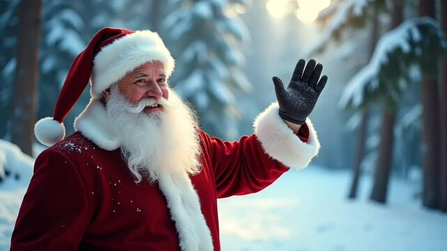 Santa Claus Waving in a Winter Wonderland. Suitable for marketing or business purposes