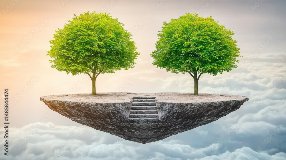 Poster floating isle with two trees and stairway in clouds.