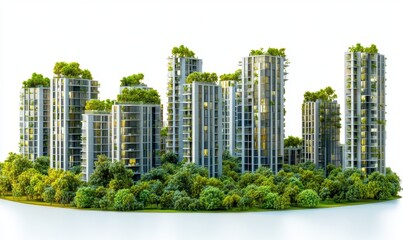 Fototapeta premium Eco-friendly city, green buildings, sustainable urban landscape, white background, architectural rendering
