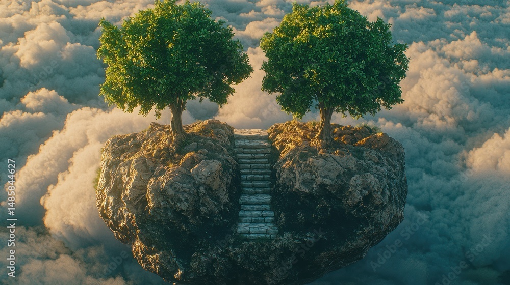 Poster floating island sanctuary with trees and steps in clouds.