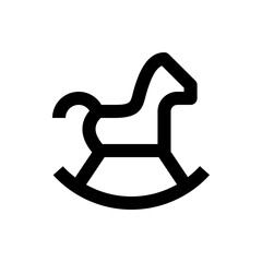 Illustration of a simple black rocking horse toy with curved base and minimalist design on a white background