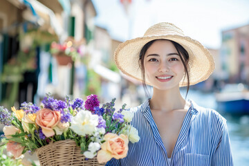 Tourist holding flowers in basket smiling in burano, italy