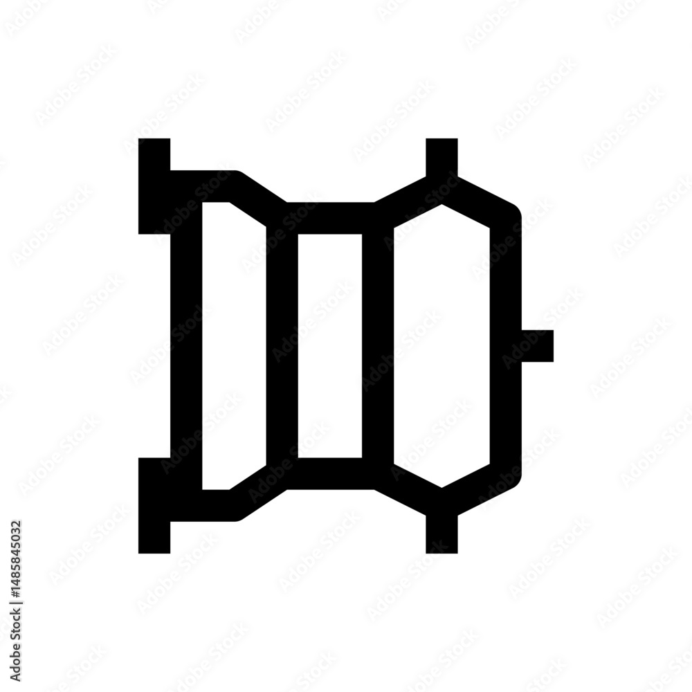Poster illustration of a black geometric shape with vertical lines and connecting horizontal and angled lin