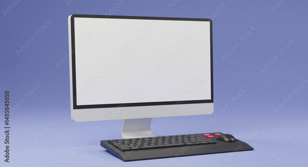 Poster modern desktop computer setup blank white screen keyboard and mouse workspace technology design