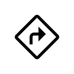 Black diamond shaped sign with a right turn arrow indicating direction on a white background illustration