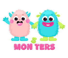Cute and happy monsters, children's monsters with print, friendly characters.