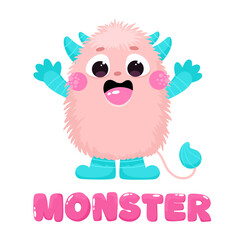 Cute fluffy and happy monster, children's monster with print, friendly character.