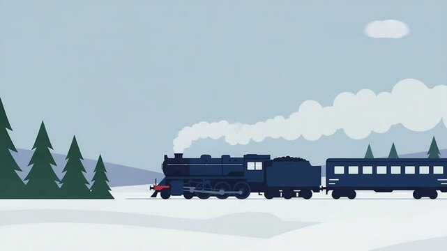Vintage train travel through winter landscape vector graphic illustration